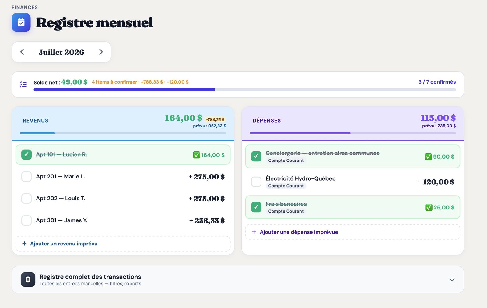 Registre mensuel des cotisations et dépenses d'une copropriété avec validation des paiements